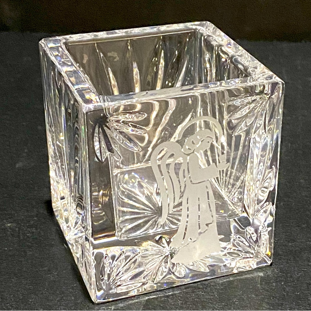 Waterford "Wedge Cut" Crystal Square Votive Candle Holder 3" Etched Angel Signed - Picture 2 of 9